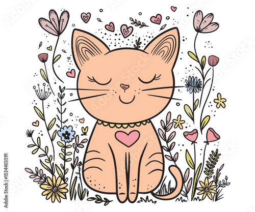 Cute cartoon cat sitting among wildflowers with closed eyes and peaceful smile. Hand-drawn style for children's design or decor. Vector illustration.