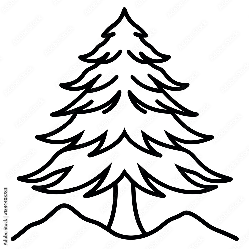 Obraz premium Black Outline Cedar Tree Mountain Landscape Illustration