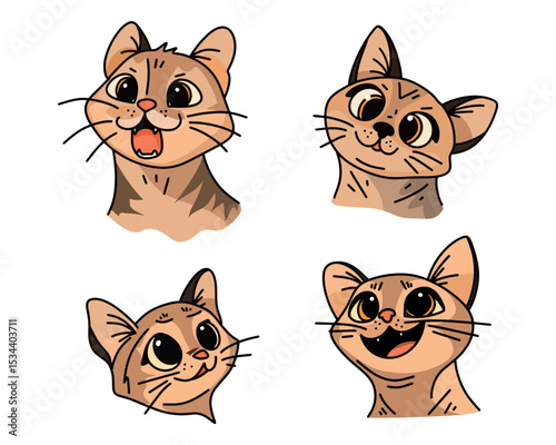 Adorable Brown Cats with Big Expressive Eyes and Various Happy Expressions in a Charming Vector Illustration Set Perfect for Kids' Designs and Nursery Decor. Vector illustration.
