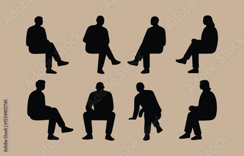 Collection of black silhouettes people sitting in various poses