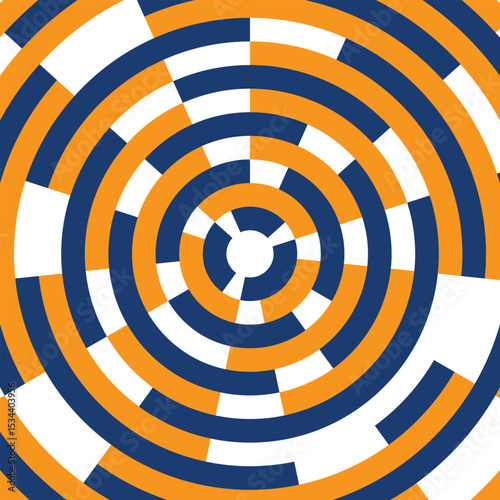 Op art vector design Illusion of whirl movement in a circle frame. Abstract sunburst striped textured background. Vector art optical illusion wavy line pattern Blue and orange stripe circle background
