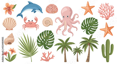 Oceanic Delight A Coastal Paradise Illustration with Flora and Fauna Harmony