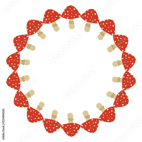 Fly agaric mushrooms circle frame. Round border made of amanita mushrooms. Vector flat wreath isolated on white background