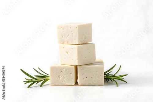 Feta cheese cubes stacked with rosemary, isolated on white background
