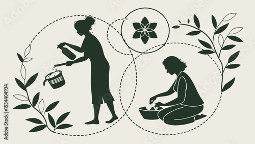 Women making natural organic products. Silhouette illustration of homemade skincare, herbal remedies, wellness, and self-care.