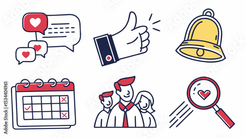 Social media marketing icons, business team, calendar, search, love, dating. Online communication and planning.