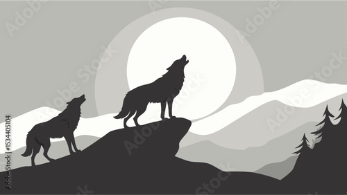 Wild wolves howling at the bright full moon in a dark mountain landscape silhouette. Night nature scene with majestic wildlife.