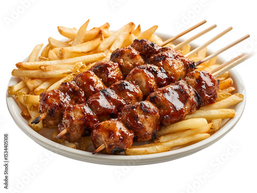 Delicious Chicken Yakitori Skewers with French Fries Served on a White Plate