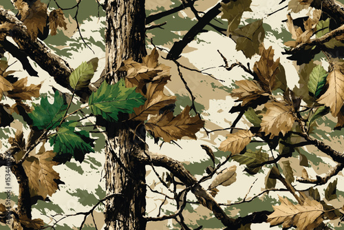 Real tree camouflage design. Hunting seamless pattern. Vector woodland camo background. Digital forest jungle texture