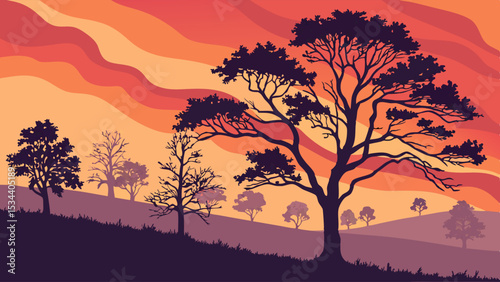 Vibrant sunset landscape with silhouetted trees and rolling hills. Beautiful evening sky at dawn or dusk nature background.