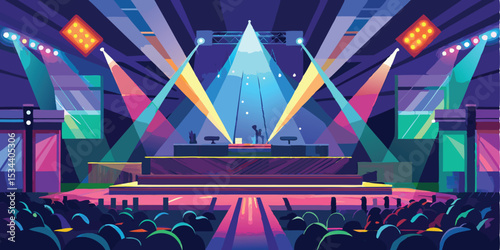 Colorful illustration of a stage performance with vibrant spotlights and an excited audience