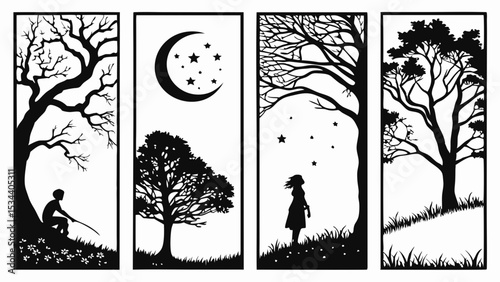 Silhouettes of trees, moon, stars, and children in nature. Black and white vector illustrations for tranquil outdoor scenes.