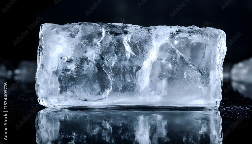Obraz premium Crystal clear frosty textured natural ice block on a black mirroring surface