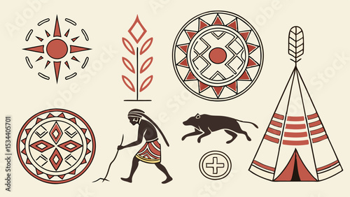 Native American Indigenous tribal symbols vector illustration set. Ancient culture, hunter, teepee, and animal icons.