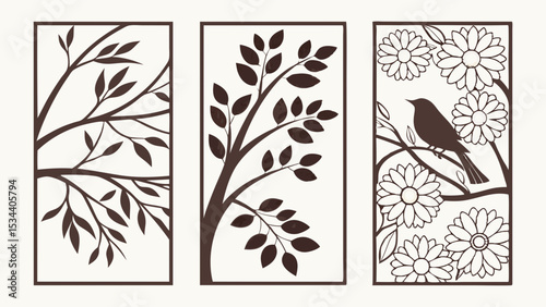 Set of three decorative nature panels with tree branches, leaves, a bird, and flowers. Modern laser cut design for home decor.