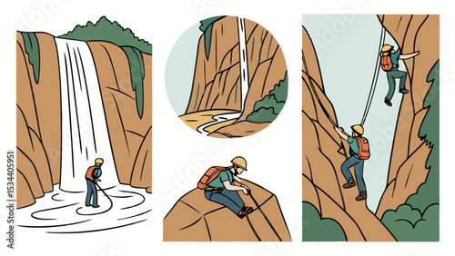 Canyoning adventure. Man rappelling down waterfall, rock climbing on mountain. Outdoor extreme sport, active recreation in nature.