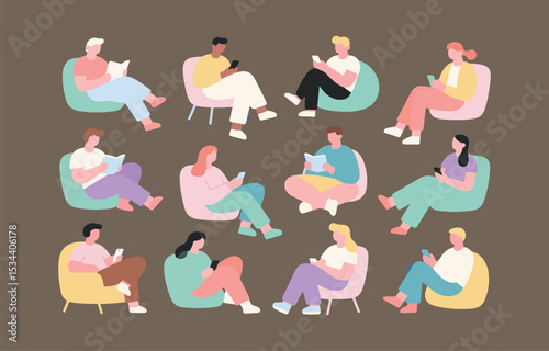 Diverse people relaxing in armchairs reading and using smartphones