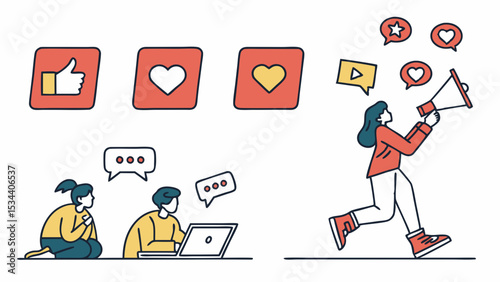 Social media marketing, digital promotion, and online engagement. People with laptop, likes, comments, and megaphone.