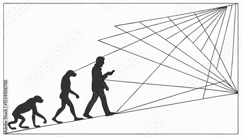 Human evolution from ape to modern person with smartphone. Technology progress, digital age, and future of humanity concept.