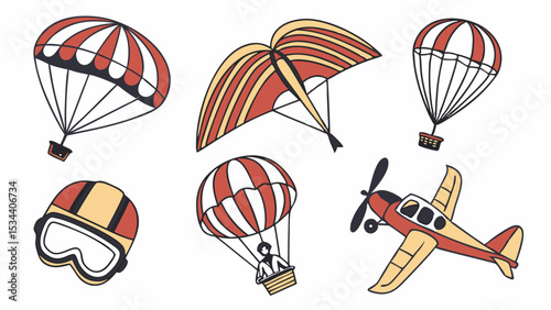 Hot air balloons, airplane, hang glider, parachute, pilot helmet. Air travel, aviation, flying, adventure illustration.