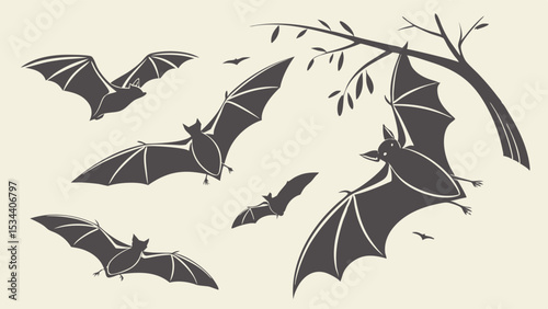 Halloween bats flying at night. Spooky wildlife animals in silhouette. Creepy dark evening scene. Group of nocturnal mammals.