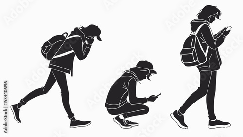 Young person using mobile phone. Teenager walking and squatting with smartphone and backpack. Digital technology.