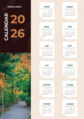 2026 Calendar Design: A stylish 2026 calendar design against a backdrop of a vibrant autumn landscape. Features a minimalist design, perfect for planning, organization and time management.