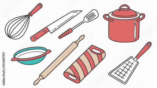 Kitchen utensils, cooking tools, and kitchenware set. Essential equipment for home cooking, baking, and food preparation.
