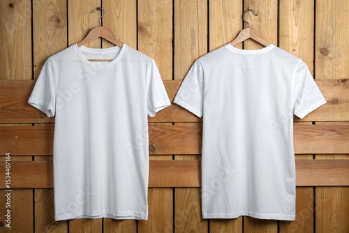 Plain White T-Shirt Displayed on Wood Surface – Front and Back Views for Clothing Branding or Merchandise