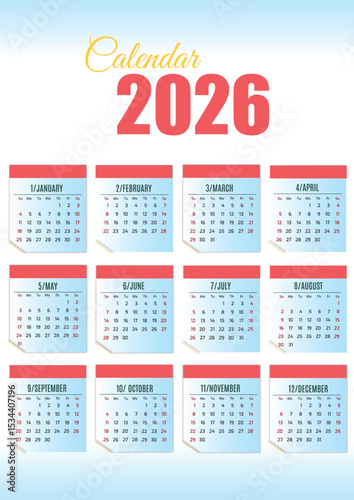 Year 2026 Calendar: A simple yet visually appealing calendar for the year 2026, with each month elegantly displayed, perfect for planning, scheduling, and marking important dates.