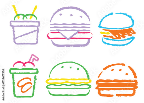 Fast food icons set featuring delicious illustrations of burgers, cupcakes, coffee, and other sweet and savory snacks