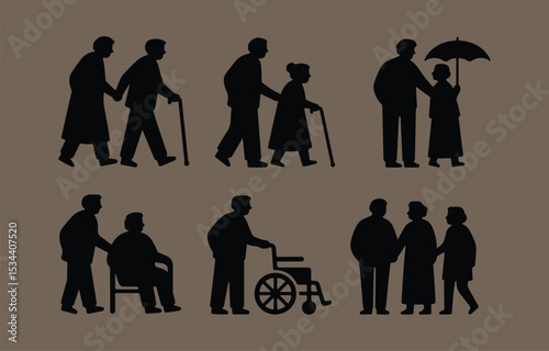 Silhouette illustrations of elderly couples showing support and companionship