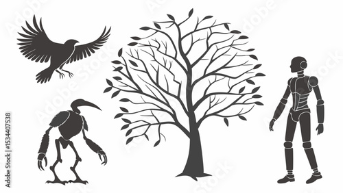 Nature, Technology, Evolution Concept. Tree, flying bird, and AI robots. Artificial intelligence, future, innovation, progress.