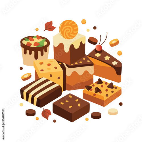Assorted Brown Orange Yellow Cakes Chocolate Brownies Sweet Treats Autumn Leaves Dessert Bakery Food Illustration