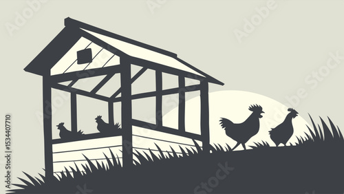 Chickens and a chicken coop silhouette on a rural farm hill. Black and white poultry house at sunrise or sunset.