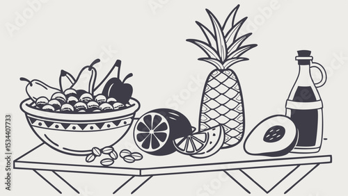 Healthy fresh organic fruits and vegetables still life. Black and white line art illustration of natural food ingredients.