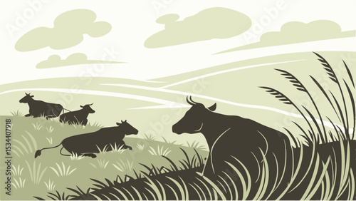 Peaceful cows resting in a rural field, with cattle grazing on a farm pasture landscape.