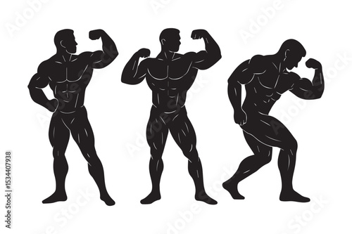 Bodybuilder Silhouette Poses Vector | Muscular Flexing Clipart Design