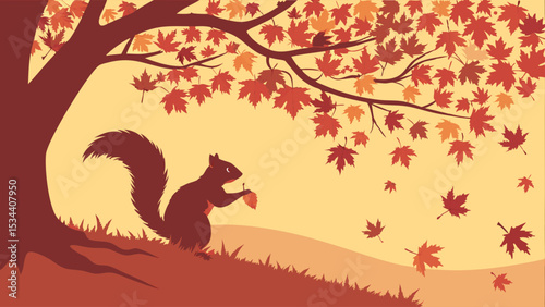 Autumn Season Landscape with Cute Squirrel Holding Acorn. Fall Leaves Falling from Tree. Nature Background.