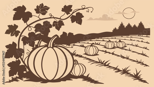 Vintage autumn pumpkin patch with harvest pumpkins in a field. Farm landscape illustration for fall season.