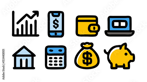 Vector art of a vibrant set of vector icons depicting financial growth, online banking, and savings, isolated on white background