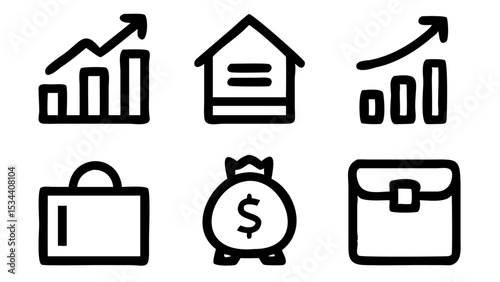 Vector art of a set of handdrawn vector icons depicting financial growth, real estate, and business assets isolated on white background