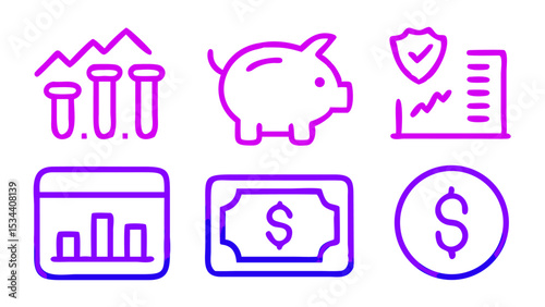 Vector art of a set of vibrant purple and blue vector icons depicting financial growth, savings, security, and data analysis, isolated on white background