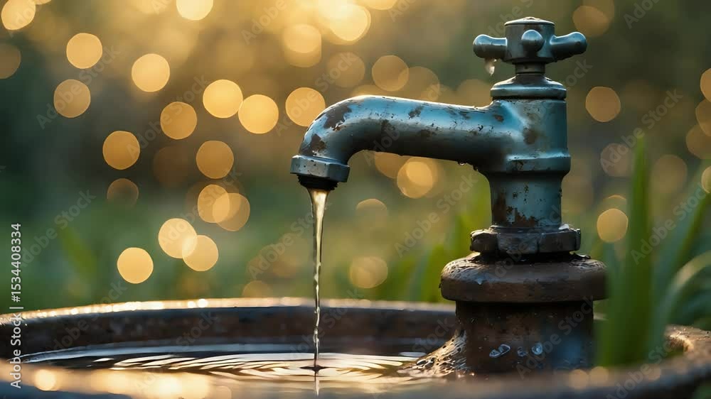 Rustic Outdoor Water Faucet with Flowing Water Drops into Metal Basin Surrounded by Natural Greenery and Warm Sunlight Bokeh Background

