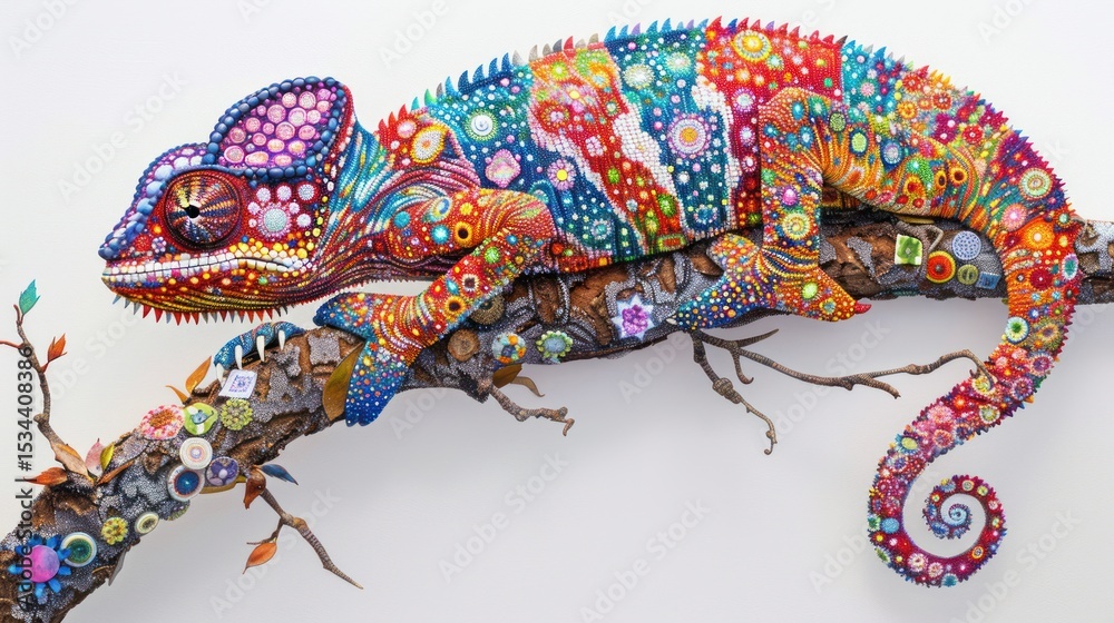 Fototapeta premium Colorful decorated chameleon on branch