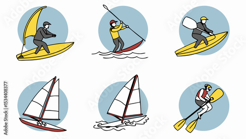 Water sports vector illustration set. Summer outdoor recreation, boating, sailing, kayaking, paddleboarding, windsurfing.