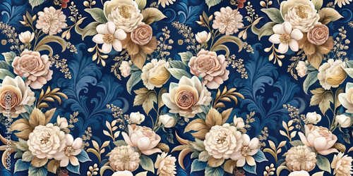 Elegant floral pattern featuring cream and blush blooms on a deep navy background.