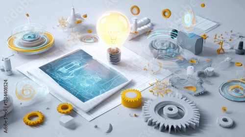 Conceptual illustration of ideas, technology, and innovation, with various 3D elements.