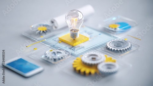 Lightbulb illuminating on a yellow platform, surrounded by gears, a phone, and a blueprint, suggesting innovation and technology.
