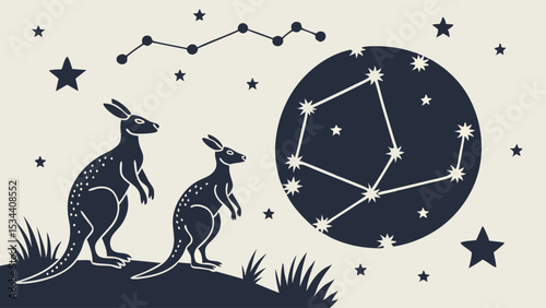 Australian kangaroos mother and joey watching Southern Cross constellation in night sky. Wildlife astronomy vector art.